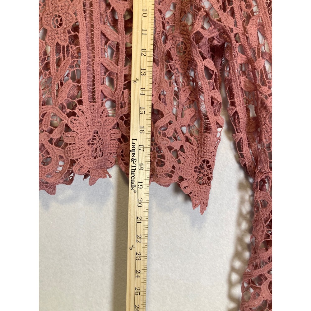 Whimsical Romantic It's Pink Women XL Dusty Rose Crochet Lace Bell Slv Crop Top - Picture 5 of 10